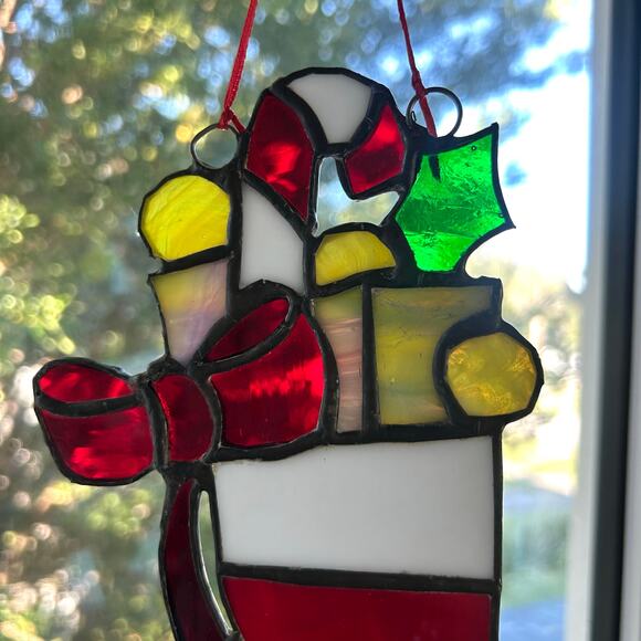 Vintage Stained Glass Christmas Stocking – 9” Iridescent Holiday Suncatcher - Picture 4 of 12